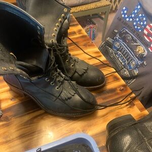 Men's Black Leather Lace-Up Western Boots with Fringe Kiltie